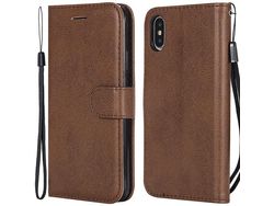 Capa PU + TPU cor sólida com suporte e alça marrom para iPhone X/XS 5.8