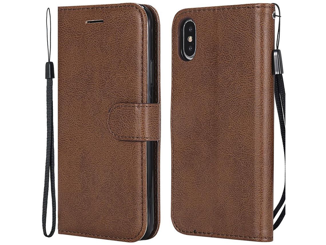Capa PU + TPU cor sólida com suporte e alça marrom para iPhone X/XS 5.8