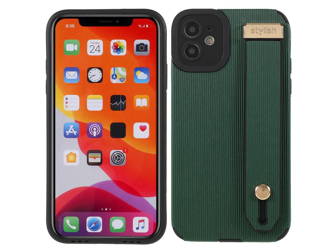 Capa TPU + microfibra recorte preciso com suporte de pulso verde para iPhone 12 6.1