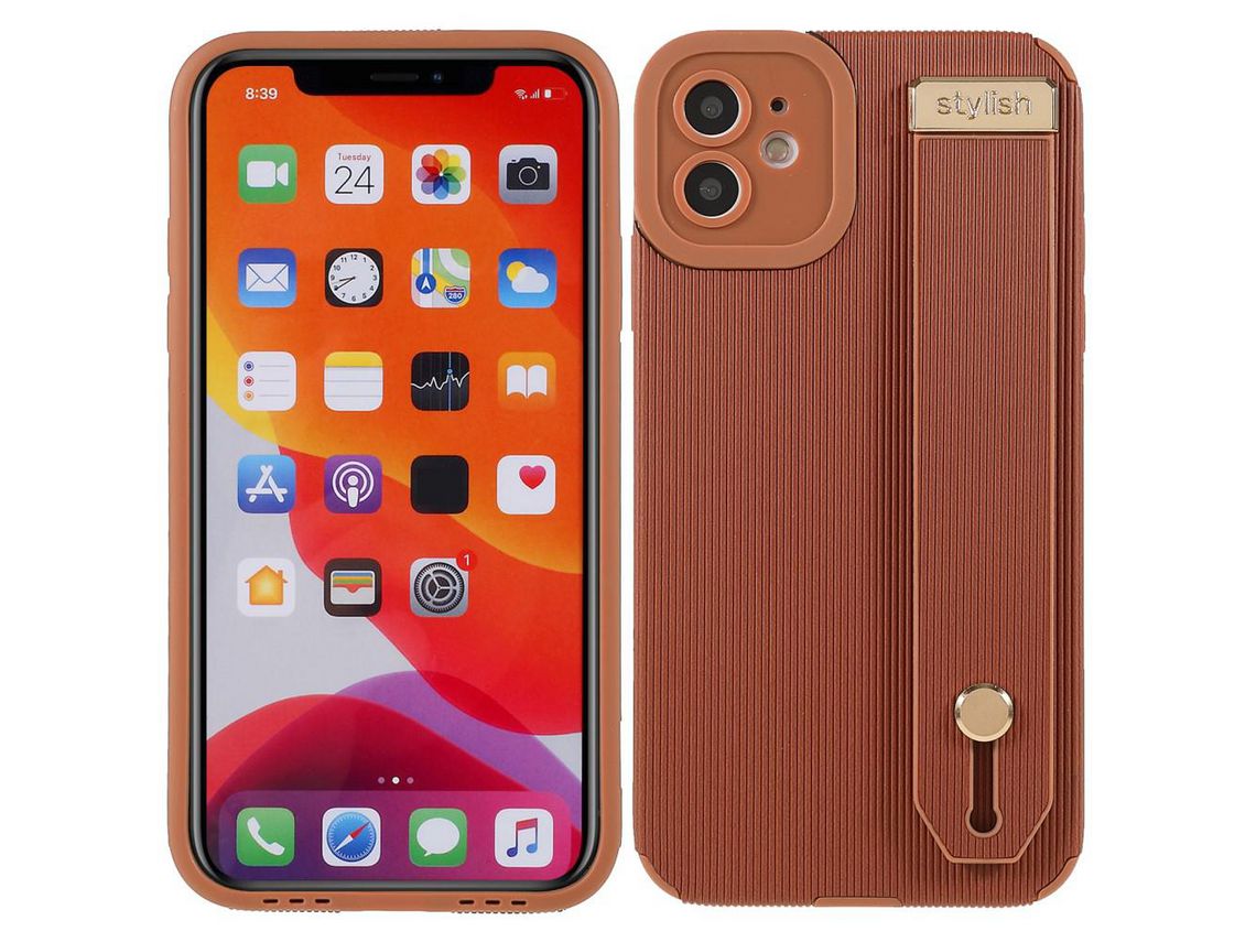 Capa TPU + microfibra com suporte de pulso marrom para iPhone 11 6.1