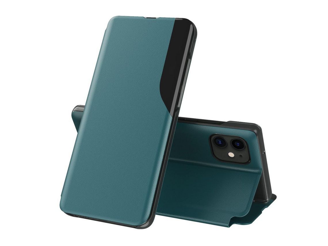 Capa PU janela de visualização com apoio verde para Apple iPhone 12 mini