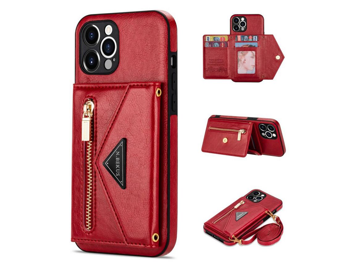 Capa PU N.BEKUS com muleta e tanga vermelho para iPhone 12 Pro Max 6.7