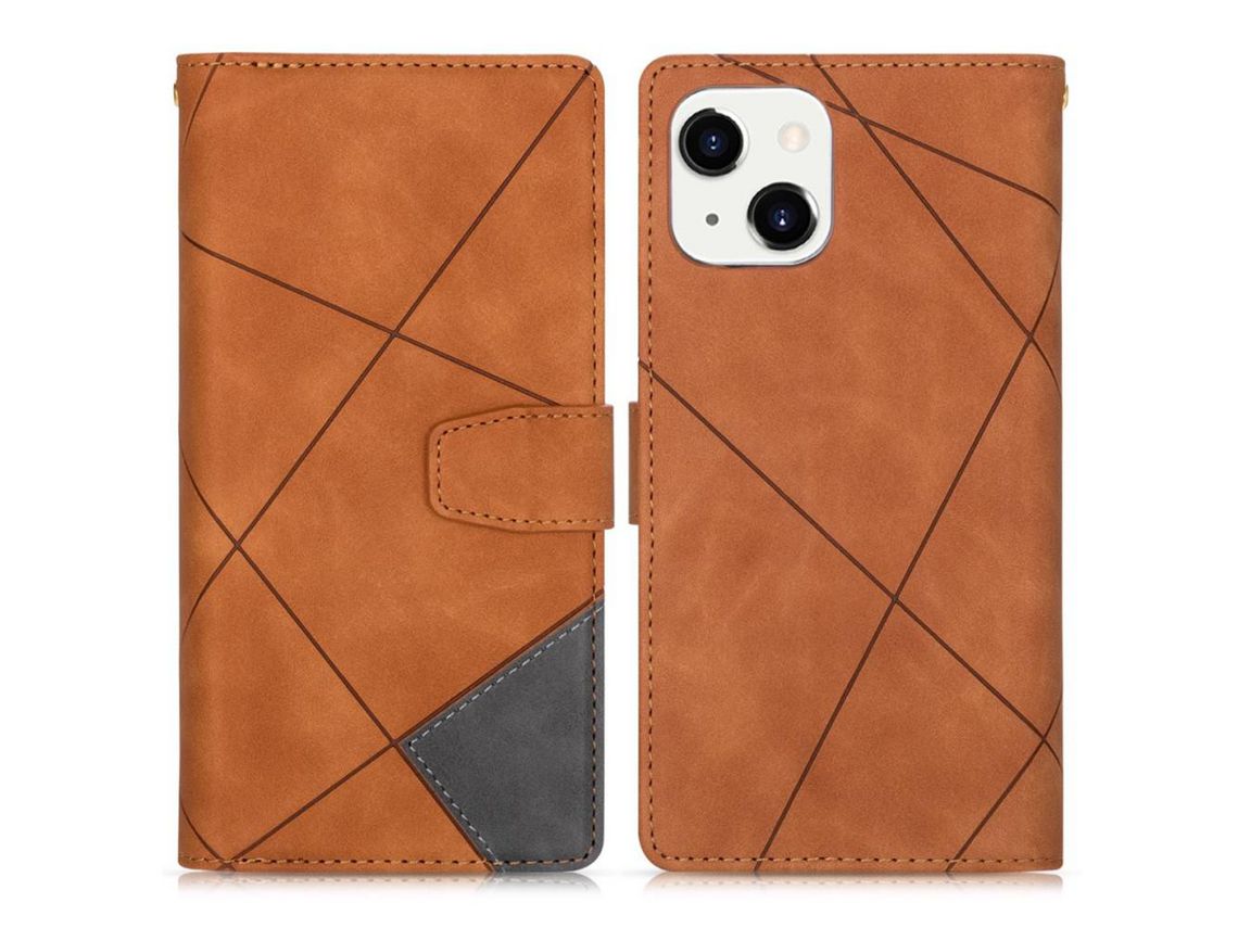 Capa PU + TPU com suporte e bolso marrom com zíper para iPhone 13 mini 5.4