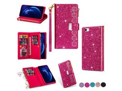 Capa PU zíper de escultura a laser de estilo estrelado brilhante com apoio rosa para Apple iPhone SE (2nd Gen)/8/7