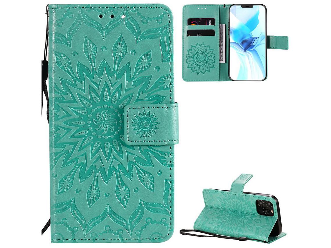 Capa PU com impressão de padrão de girassol com apoio ciano para Apple iPhone 12/12 Pro
