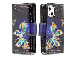 Capa PU + TPU bolso com zíper com porta-jóias de borboleta para iPhone 13 mini 5.4
