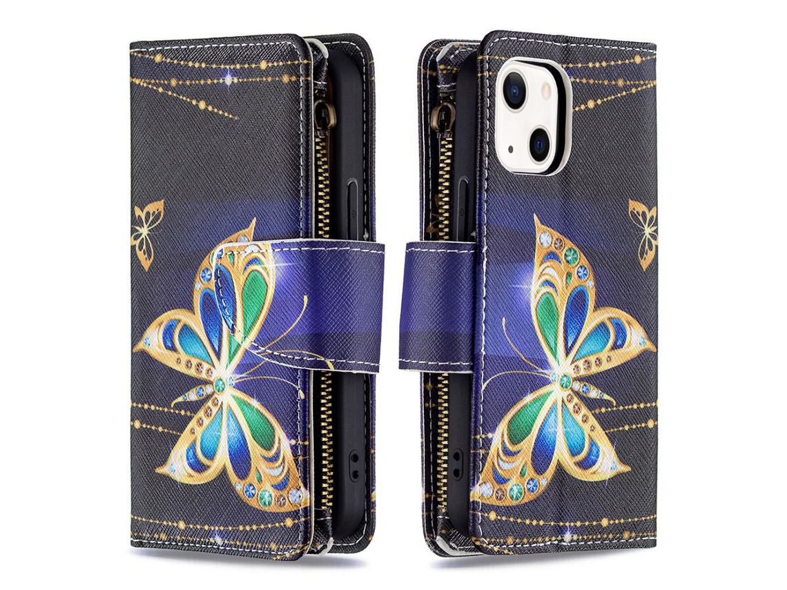 Capa PU + TPU bolso com zíper com porta-jóias de borboleta para iPhone 13 mini 5.4