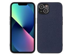 Capa de couro genuíno textura de lichia azul para iPhone 13 6.1
