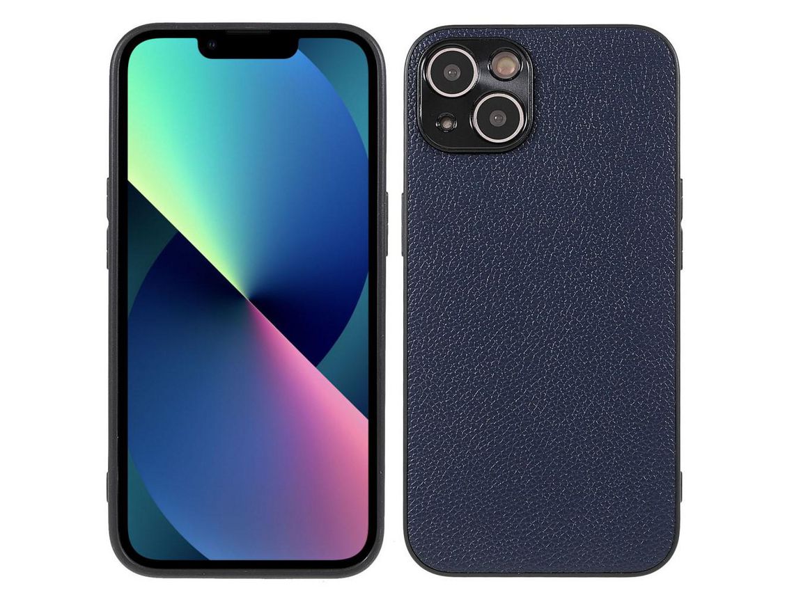 Capa de couro genuíno textura de lichia azul para iPhone 13 6.1