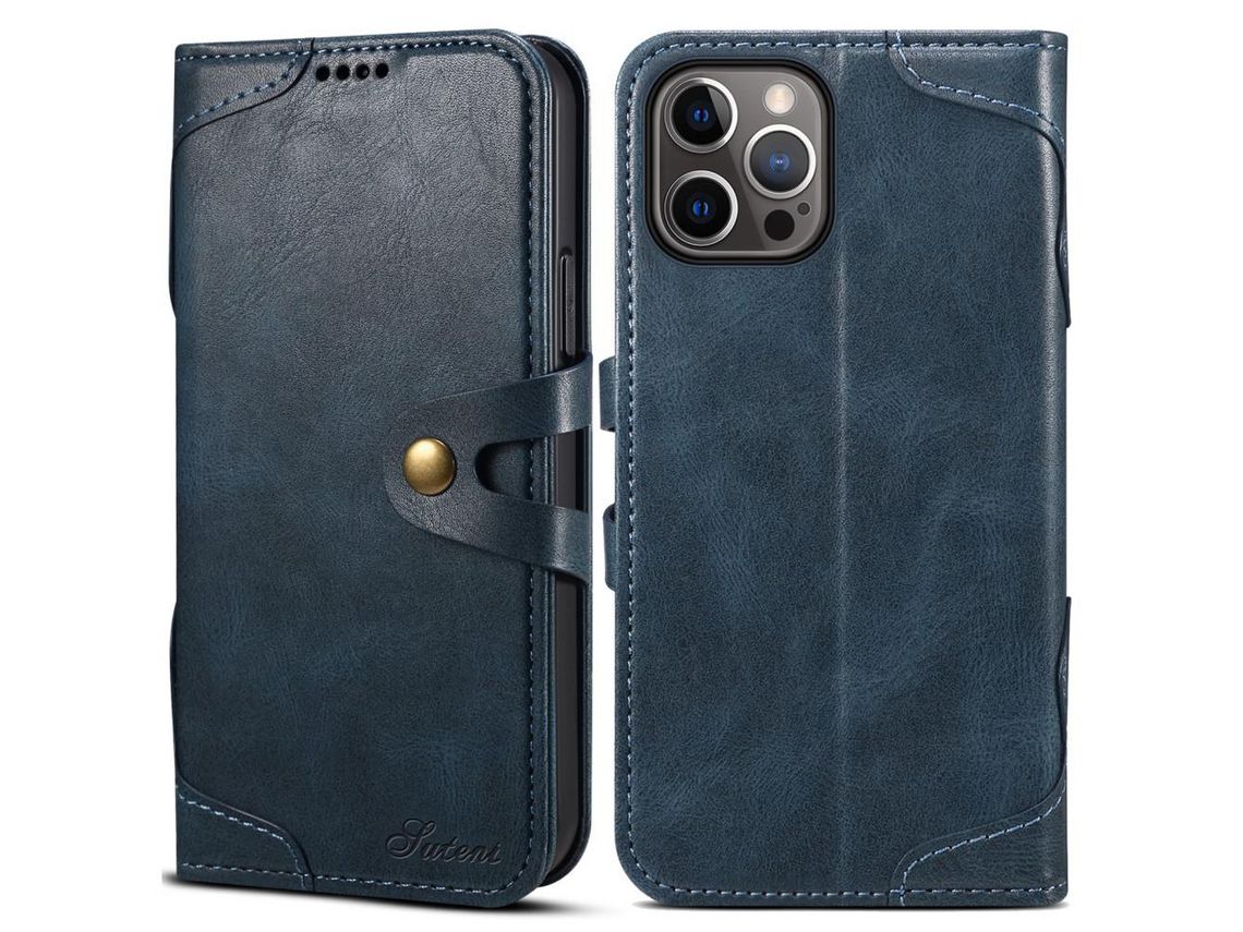 Capa PU fechamento de botão com apoio azul para iPhone 13 Pro 6.1