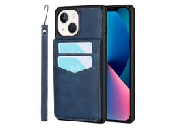 Capa TPU + PU anti-riscos com muleta e titular do cartão azul para iPhone 13 6.1