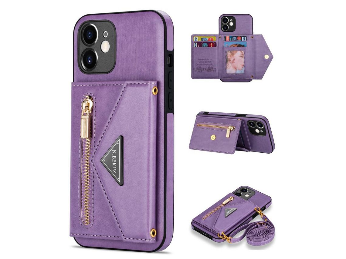 Capa PU N.BEKUS anti-riscos com muleta e tanga roxo para iPhone 12 mini 5.4