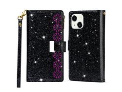 Capa PU + TPU Zíper estilo estrela brilhante com suporte preto para iPhone 13 6.1