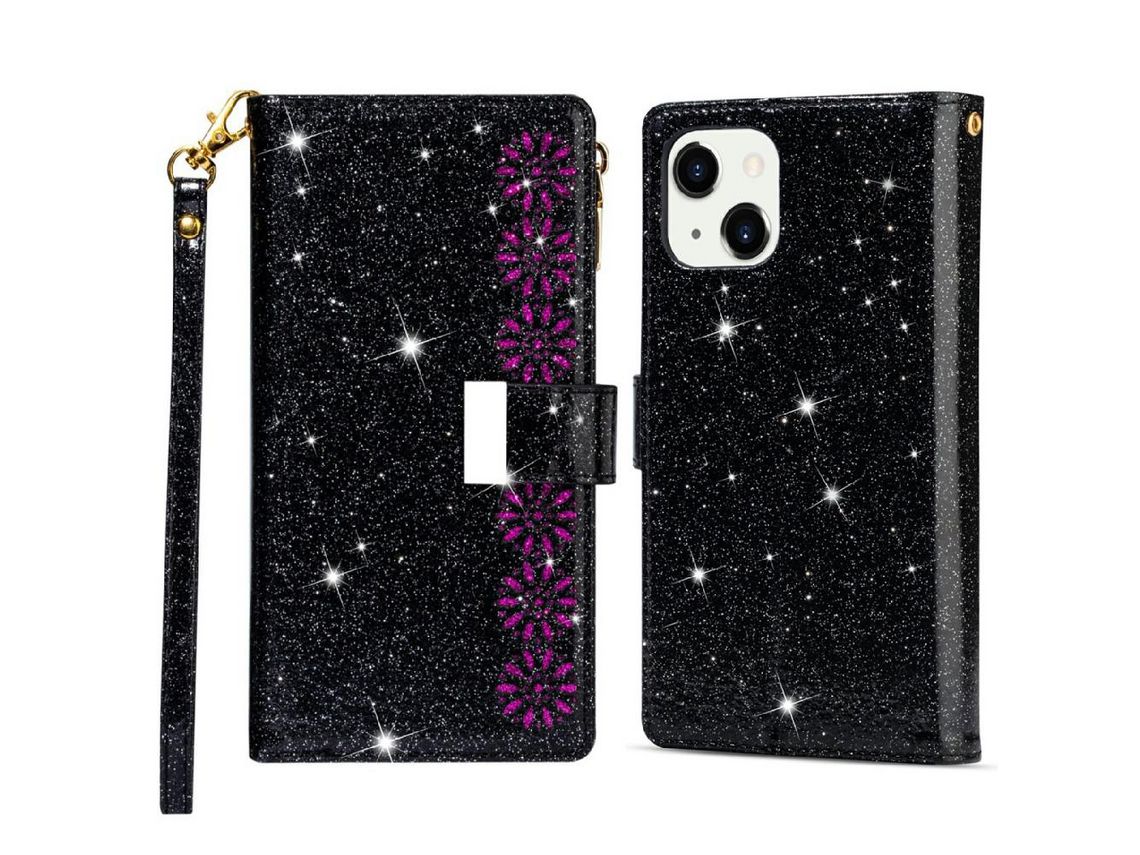 Capa PU + TPU Zíper estilo estrela brilhante com suporte preto para iPhone 13 6.1