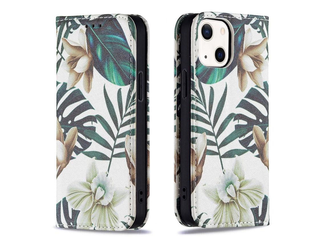 Capa PU + TPU magnético, autoabsorvente com porta-flores e folhas para iPhone 13 mini 5.4