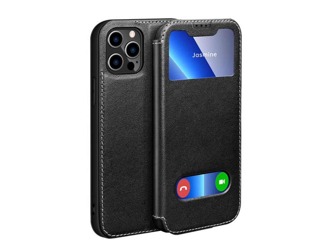 Capa de couro genuíno anti-riscos, função de janela de visualização com suporte preto para iPhone 13 Pro 6.1