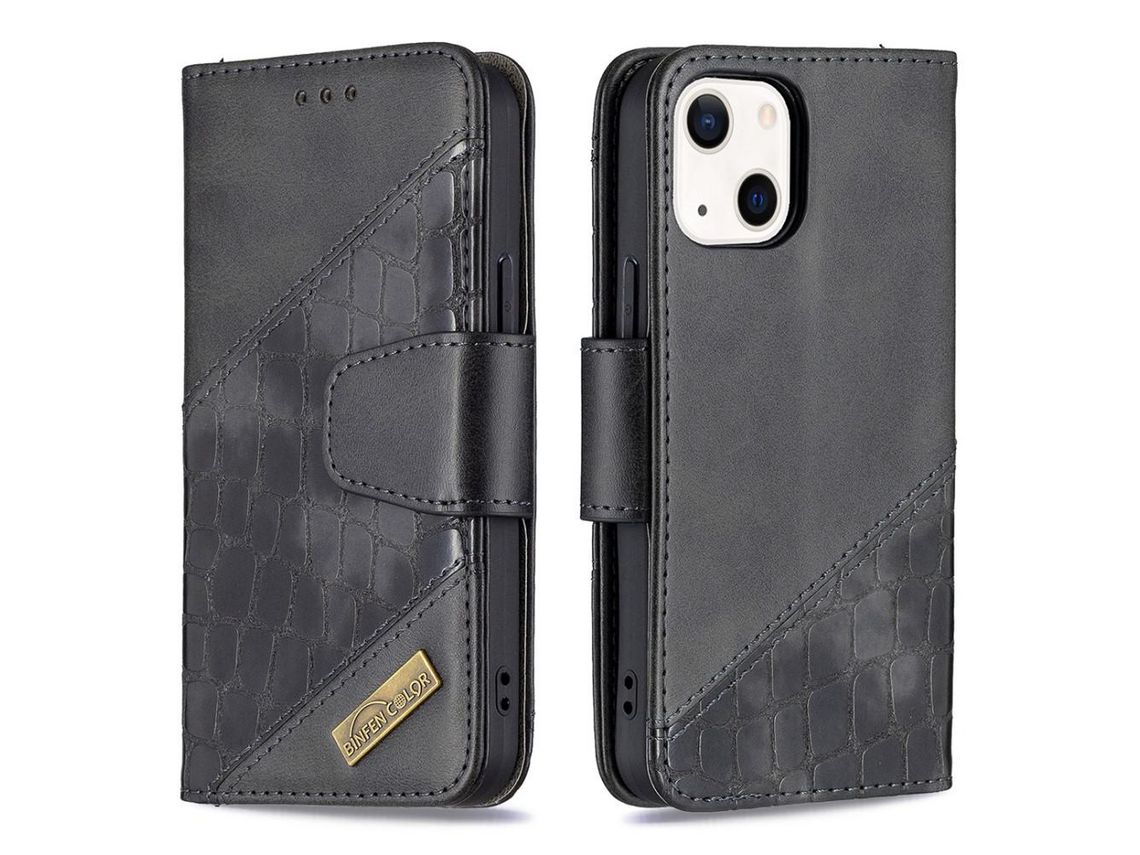 Capa PU + TPU textura de crocodilo com suporte, preto para iPhone 13 6.1