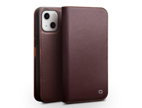 Capa de couro genuíno QIALINO com suporte marrom para iPhone 13 6.1