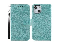 Capa PU padrão de renda e flores ciano para iPhone 13 6.1