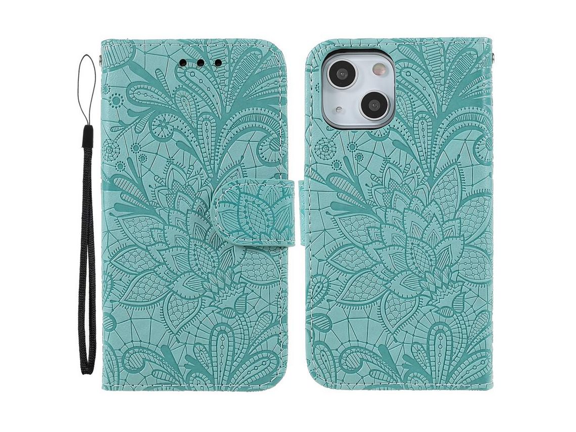 Capa PU padrão de renda e flores ciano para iPhone 13 6.1