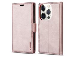 Capa PU + TPU N.BEKUS toque na pele, trava-quedas com suporte em ouro rosa para iPhone 13 Pro Max 6.7