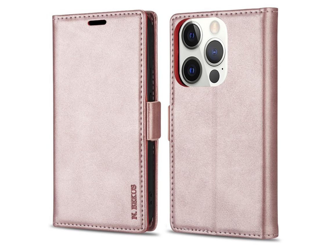 Capa PU + TPU N.BEKUS toque na pele, trava-quedas com suporte em ouro rosa para iPhone 13 Pro Max 6.7