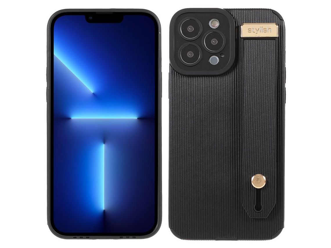 Capa TPU + microfibra à prova de choque com suporte de pulso preto para iPhone 13 Pro Max 6.7