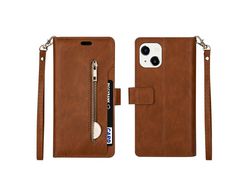 Capa PU + TPU bolso multifuncional com zíper com suporte marrom e alça para iPhone 13 6.1