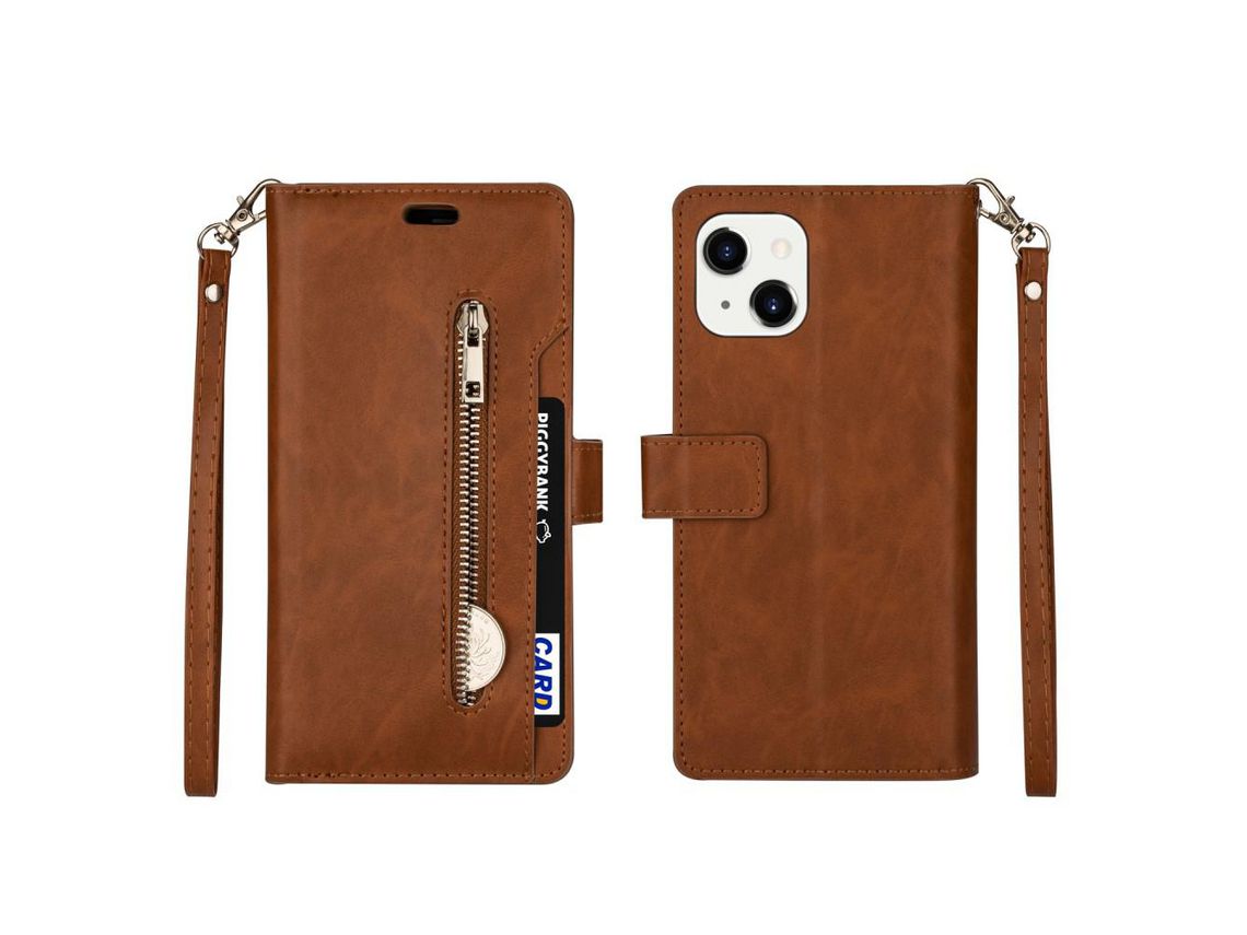 Capa PU + TPU bolso multifuncional com zíper com suporte marrom e alça para iPhone 13 6.1