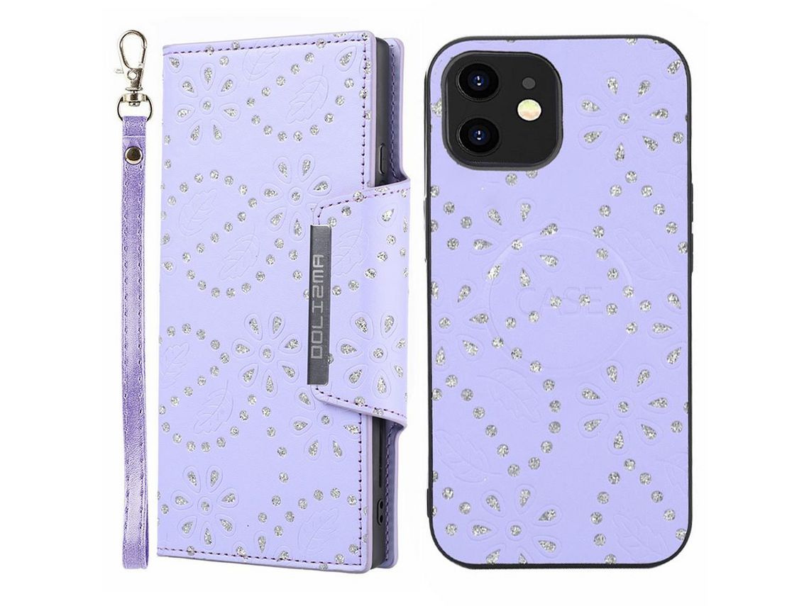 Capa PU padrão floral roxo para iPhone 12 mini 5.4