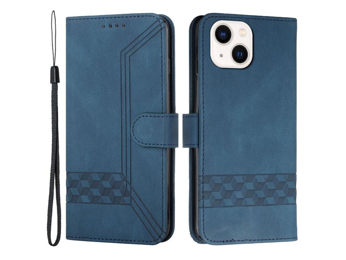 Capa PU padrão de linhas de losango com apoio azul real para iPhone 13 mini 5.4