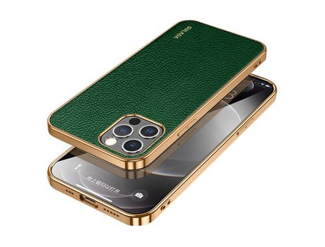 Capa TPU + PU SULADA galvanizado, textura de lichia híbrida verde para iPhone 13 Pro Max 6.7