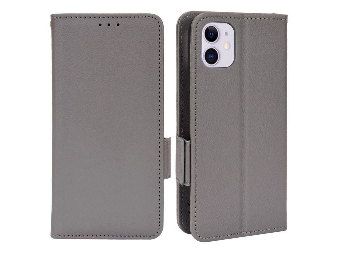 Capa PU magnético, textura lichia, anti-impressão digital com apoio cinza para iPhone 11 6.1