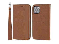 Capa PU + TPU textura tecida, auto-absorvente, anti-riscos com suporte e alça marrom para iPhone 13 mini 5.4
