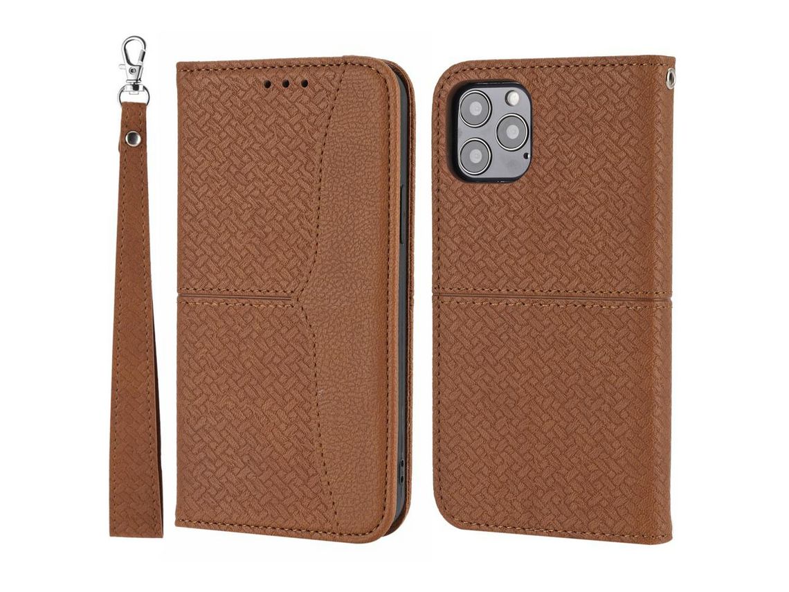 Capa PU + TPU textura tecida, auto-absorvente, anti-riscos com suporte e alça marrom para iPhone 13 mini 5.4