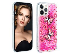 Capa TPU padrão de areia movediça em pó brilhante borboleta rosa para iPhone 13 Pro 6.1