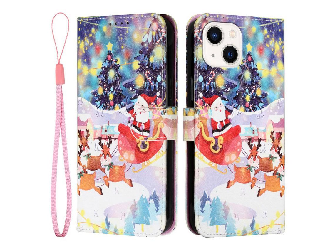 Capa PU + TPU com carrinho papai noel dá um presente para iPhone 13 6.1
