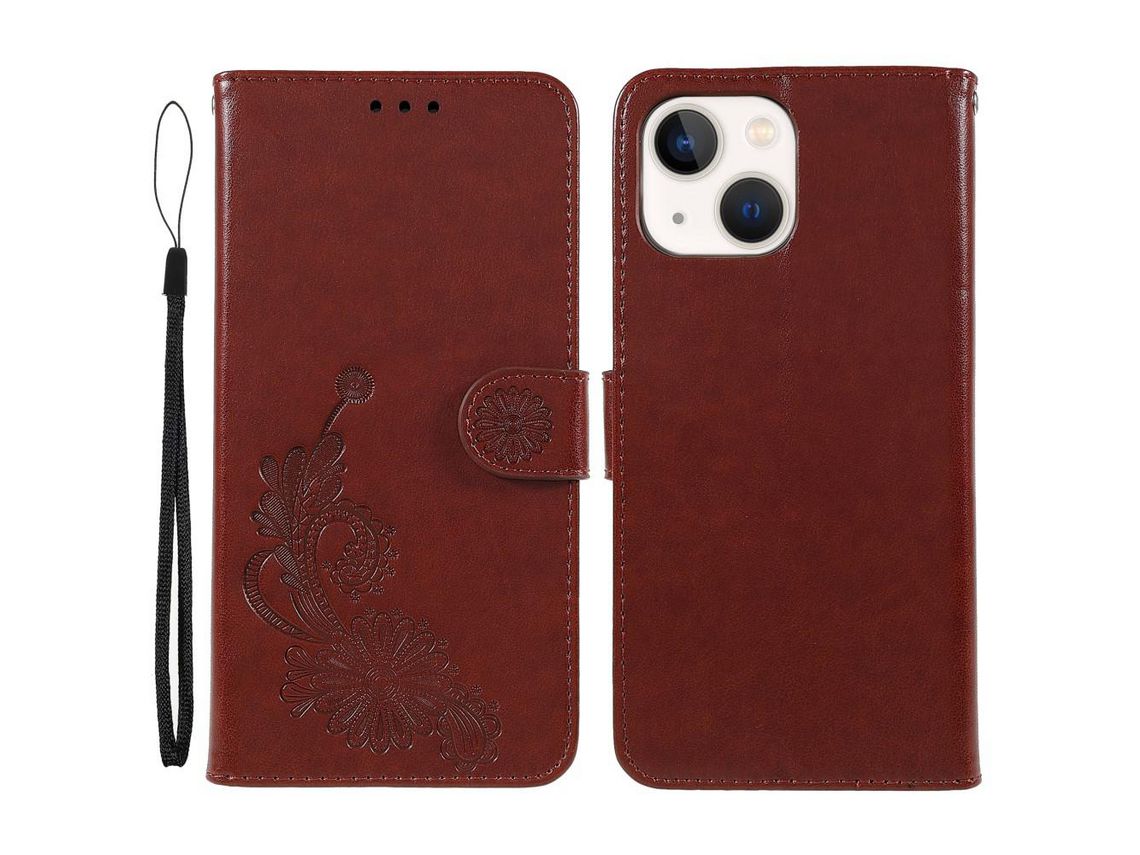 Capa PU padrão de renda e lótus marrom para iPhone 13 6.1