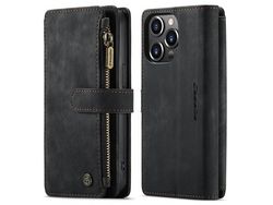 Capa PU + TPU CASEME bolso com zíper com suporte, preto à prova de choque para iPhone 13 Pro 6.1