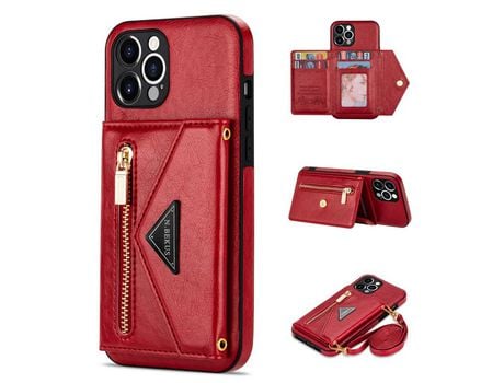 Capa PU N.BEKUS com suporte de pontapé, bolso com fecho éclair e cordão de segurança vermelho para iPhone 12 Pro 6.1