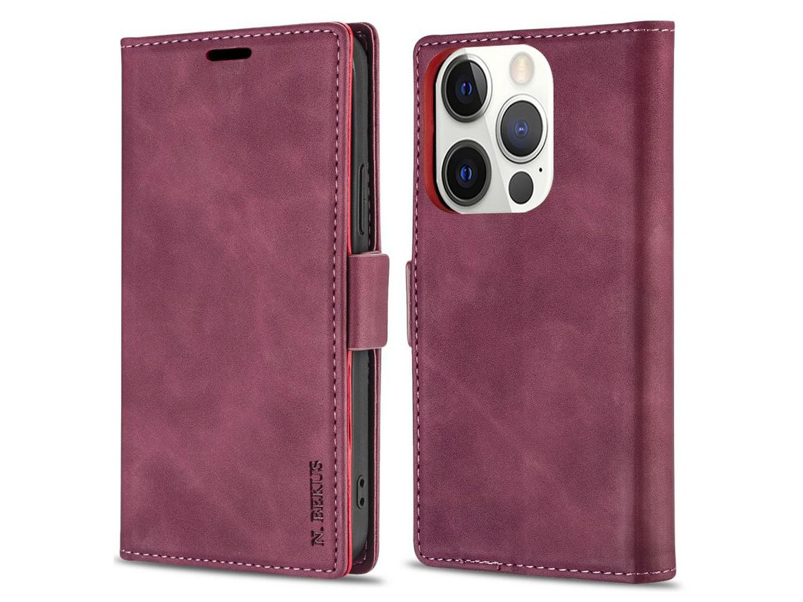 Capa PU + TPU N.BEKUS toque na pele, trava-quedas com suporte vinho tinto para iPhone 13 Pro Max 6.7