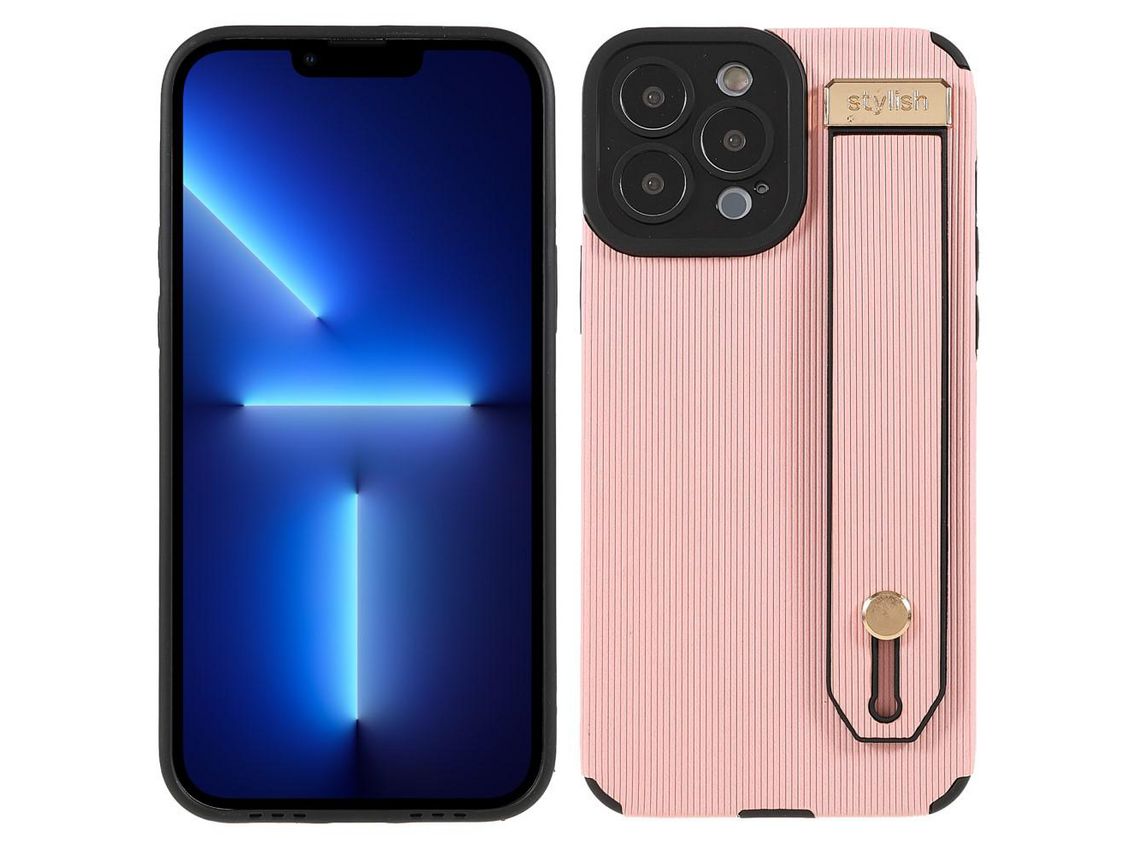 Capa TPU + microfibra à prova de choque com suporte de pulso rosa para iPhone 13 Pro Max 6.7