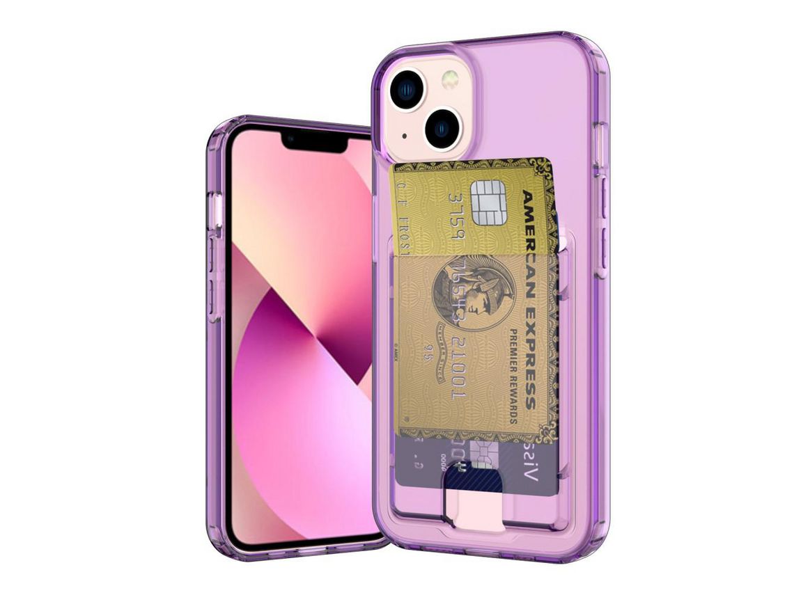 Capa TPU airbag de quatro cantos com suporte para cartão Roxo transparente para iPhone 13 6.1