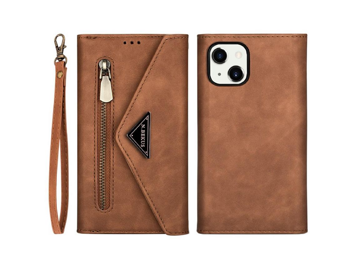 Capa PU + TPU zíper com fundo marrom para iPhone 13 6.1