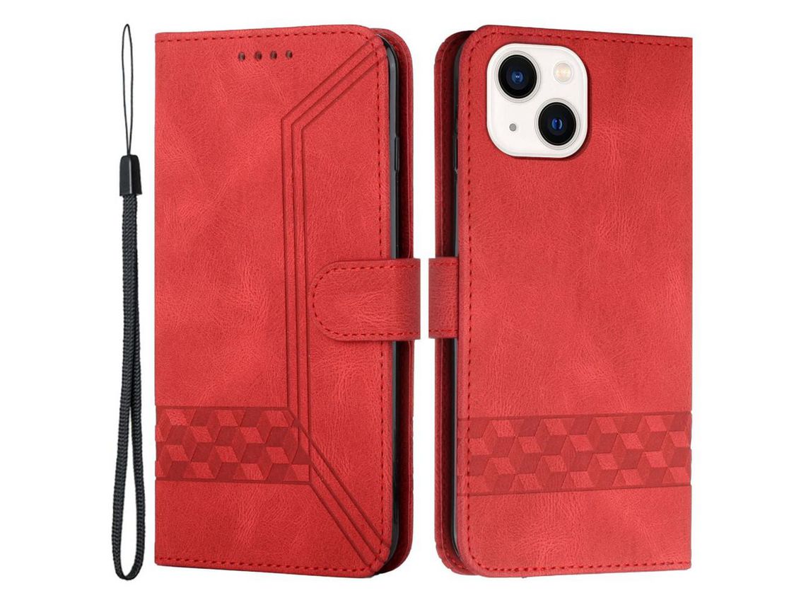 Capa PU padrão de linhas de losango com apoio vermelho para iPhone 13 mini 5.4