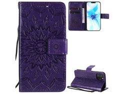 Capa PU com impressão de padrão de girassol com apoio roxo para Apple iPhone 12/12 Pro