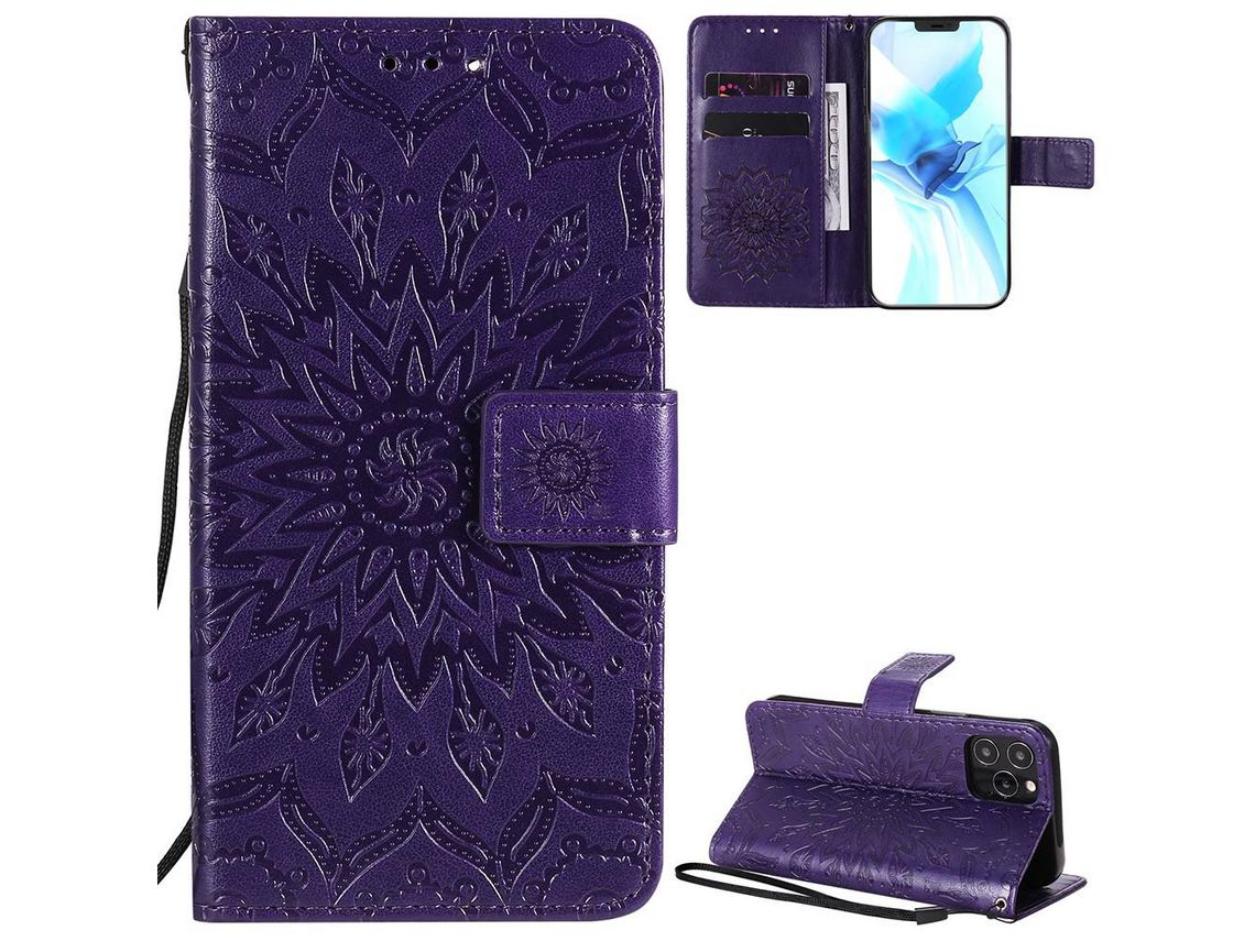 Capa PU com impressão de padrão de girassol com apoio roxo para Apple iPhone 12/12 Pro