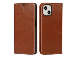 Capa de couro genuíno textura de cavalo louco com suporte marrom para iPhone 13 6.1