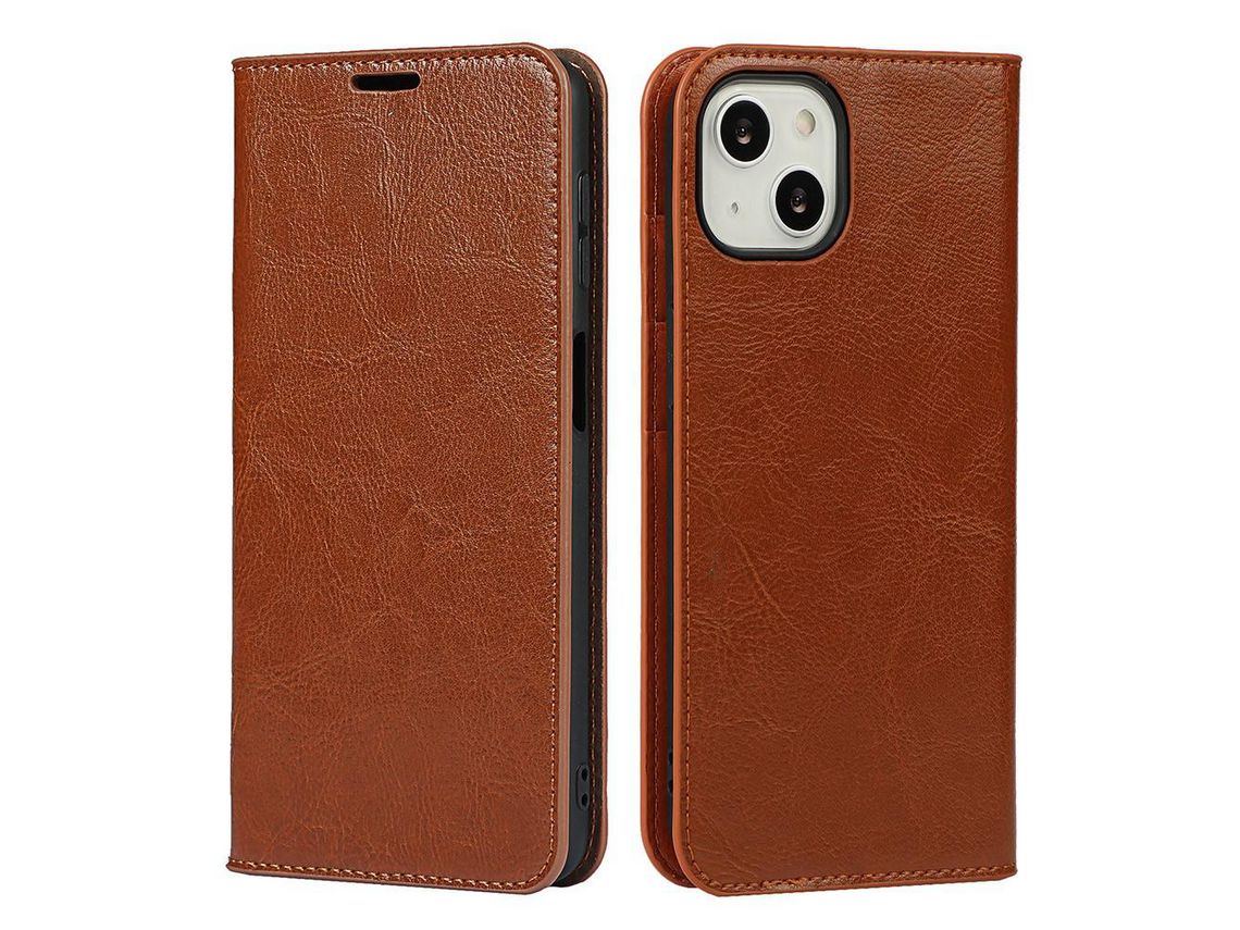 Capa de couro genuíno textura de cavalo louco com suporte marrom para iPhone 13 6.1