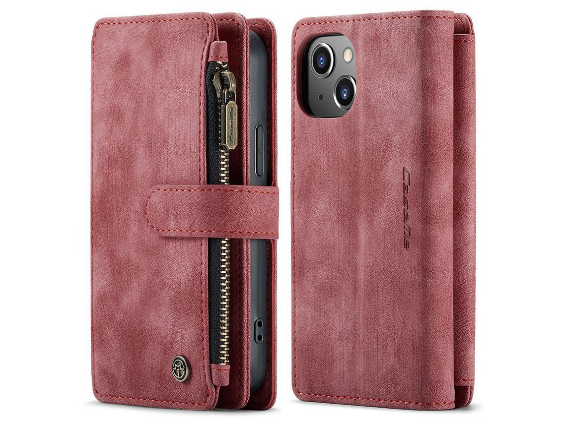 Capa PU + TPU CASEME com suporte com bolso com zíper, à prova de choque vermelho para iPhone 13 mini 5.4